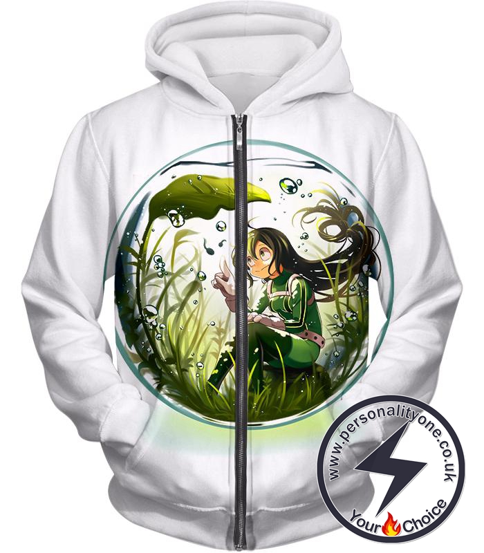 My Hero Academia Amazing Rainy Season Hero Froppy Asui Promo White Zip Up Hoodie